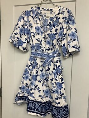 Joie White and Blue Floral Belted Dress